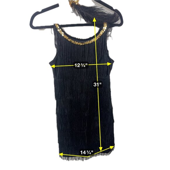 1920s Black Fringe Flapper Dress With Gold Sequin & Feather Trim - Picture 2 of 5